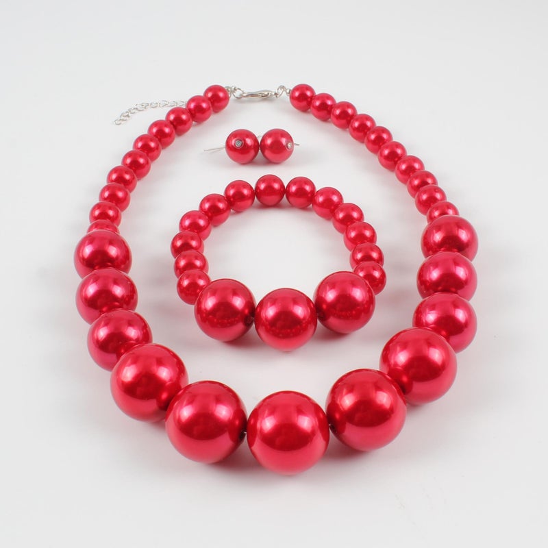 KOSMOS-LI Women's Large Big Simulated Red Pearl Statement 19" Necklace Bracelet and Earrings Jewelry Set Stocking Stuffers - Image 5